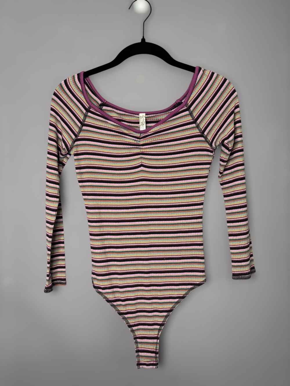 Intimately Free People Purple Black Striped Ribbed Long Sleeve Bodysuit XS